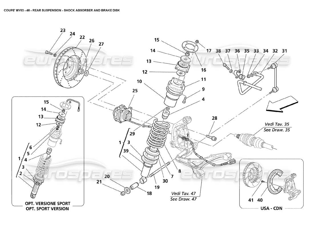 maserati 4200 coupe (2003) hinterradaufhängung - teilediagramm stoßdämpfer und bremsscheibe