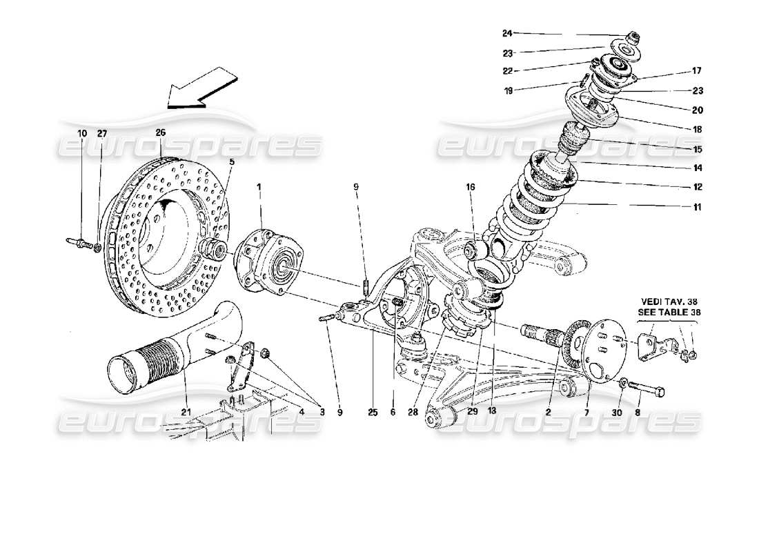 ferrari 512 m vorderradaufhängung – stoßdämpfer und bremsscheibe teilediagramm