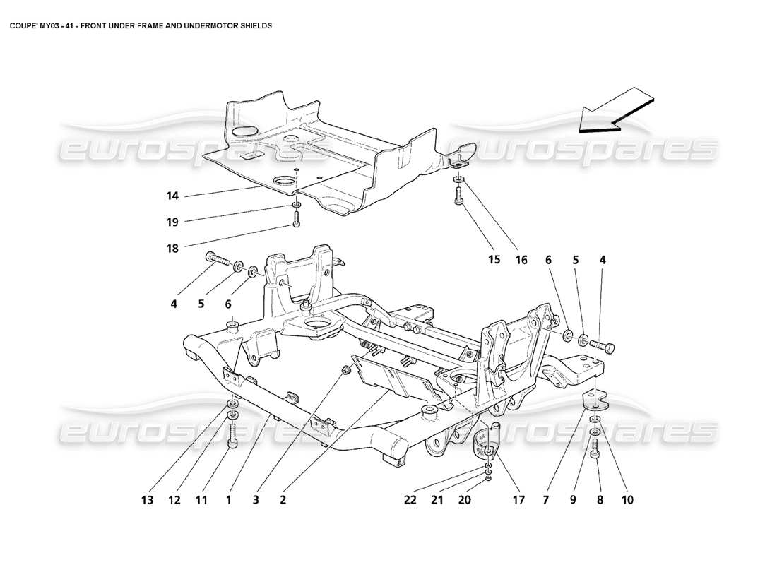 maserati 4200 coupe (2003) teilediagramm für vorderen unterrahmen und untermotorschutz