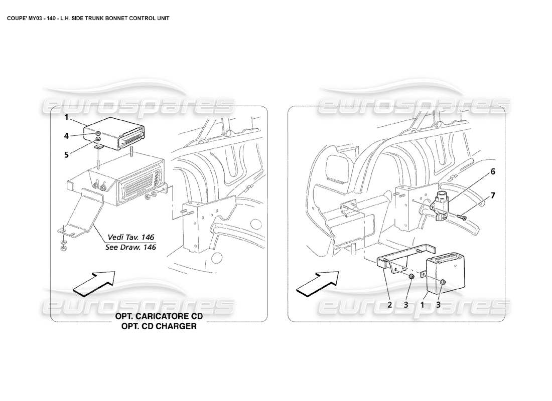 maserati 4200 coupe (2003) teilediagramm für sensoren und steuergeräte auf der linken kofferraumseite der motorhaube