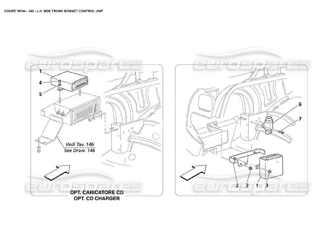 maserati 4200 coupe (2004) teilediagramm der motorhauben-steuereinheit auf der linken seite des kofferraums
