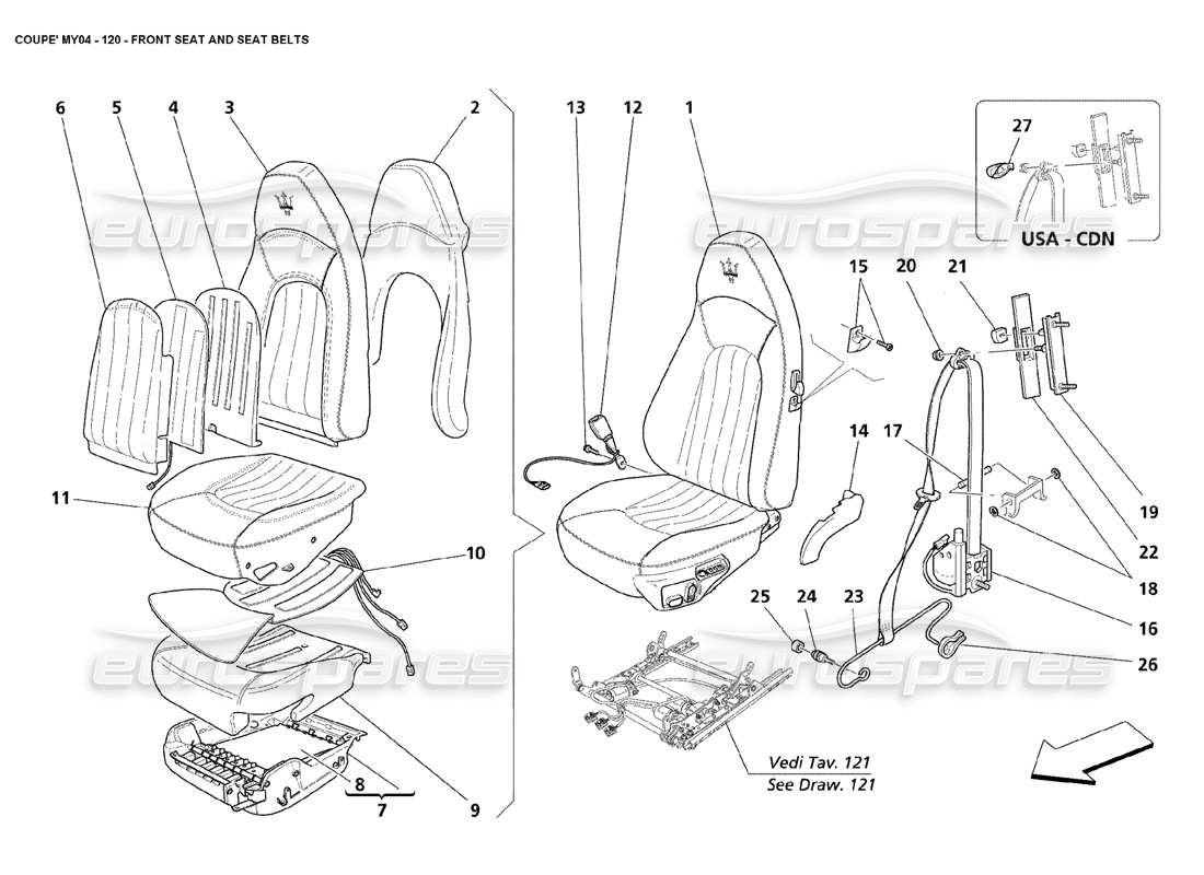 maserati 4200 coupe (2004) teilediagramm für vordersitze und sicherheitsgurte