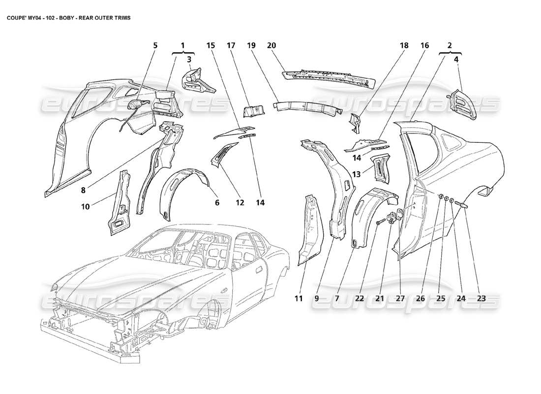 maserati 4200 coupe (2004) teilediagramm für die hinteren außenverkleidungen der karosserie
