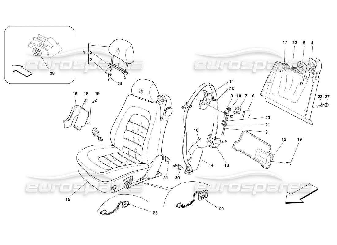 ferrari 456 m gt/m gta teilediagramm für vordersitze und sicherheitsgurte