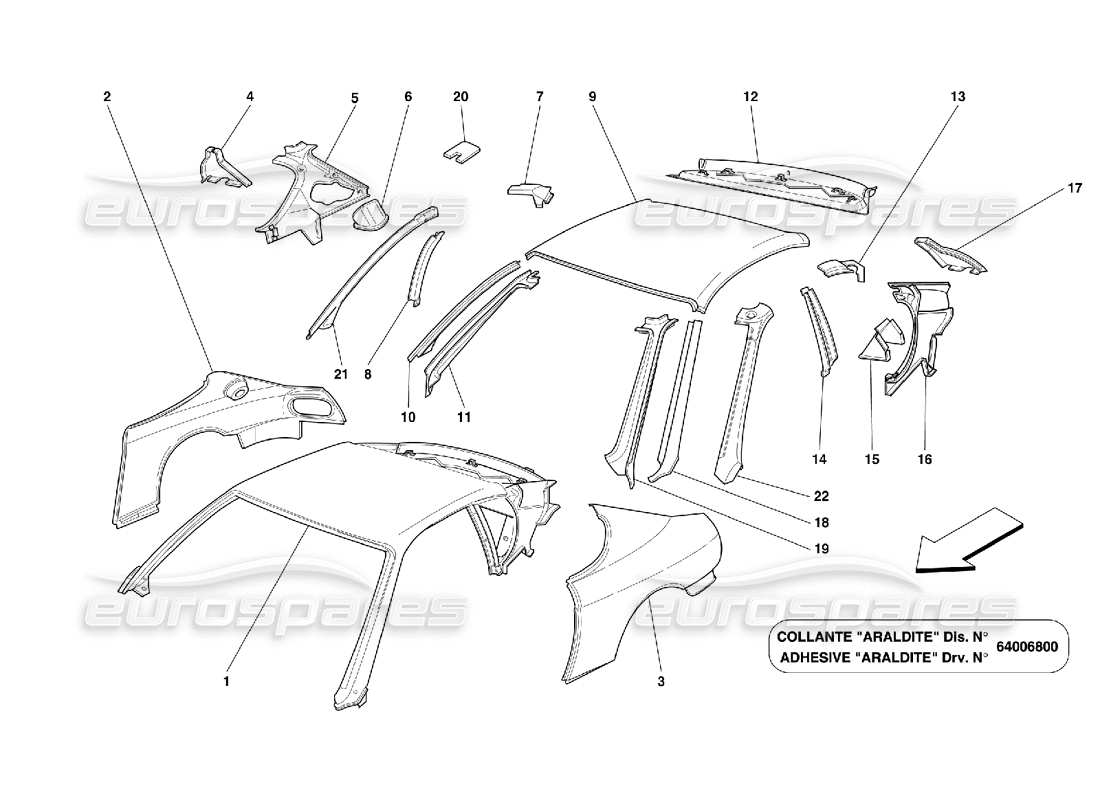 ferrari 456 m gt/m gta teilediagramm für dachpaneelstrukturen und -komponenten