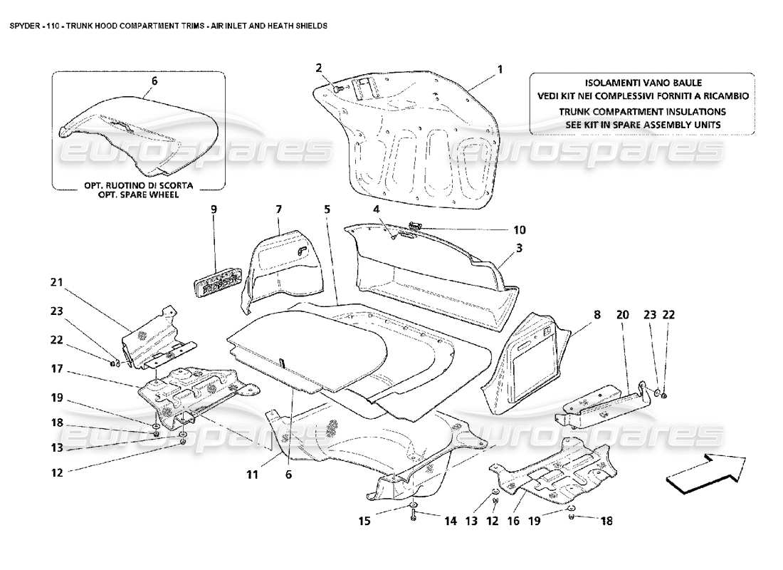 maserati 4200 spyder (2002) verkleidungen des kofferraumhaubenfachs – lufteinlass und hitzeschutz teilediagramm