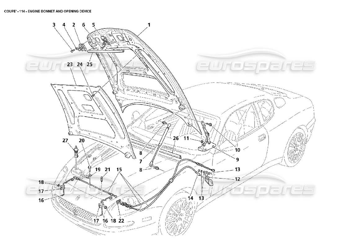 maserati 4200 coupe (2002) motorhaube und öffnungsvorrichtung teilediagramm