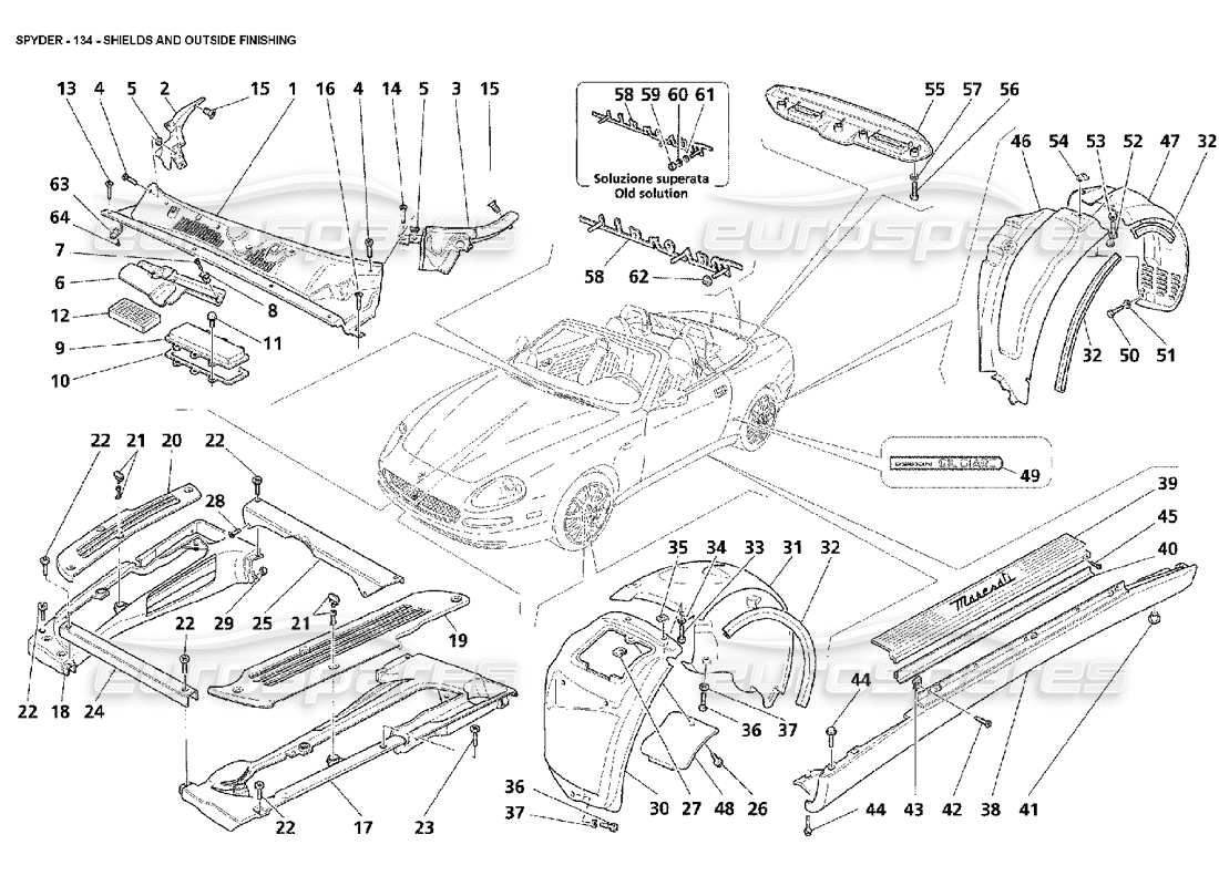 maserati 4200 spyder (2002) schilde und aussenverarbeitung teilediagramm