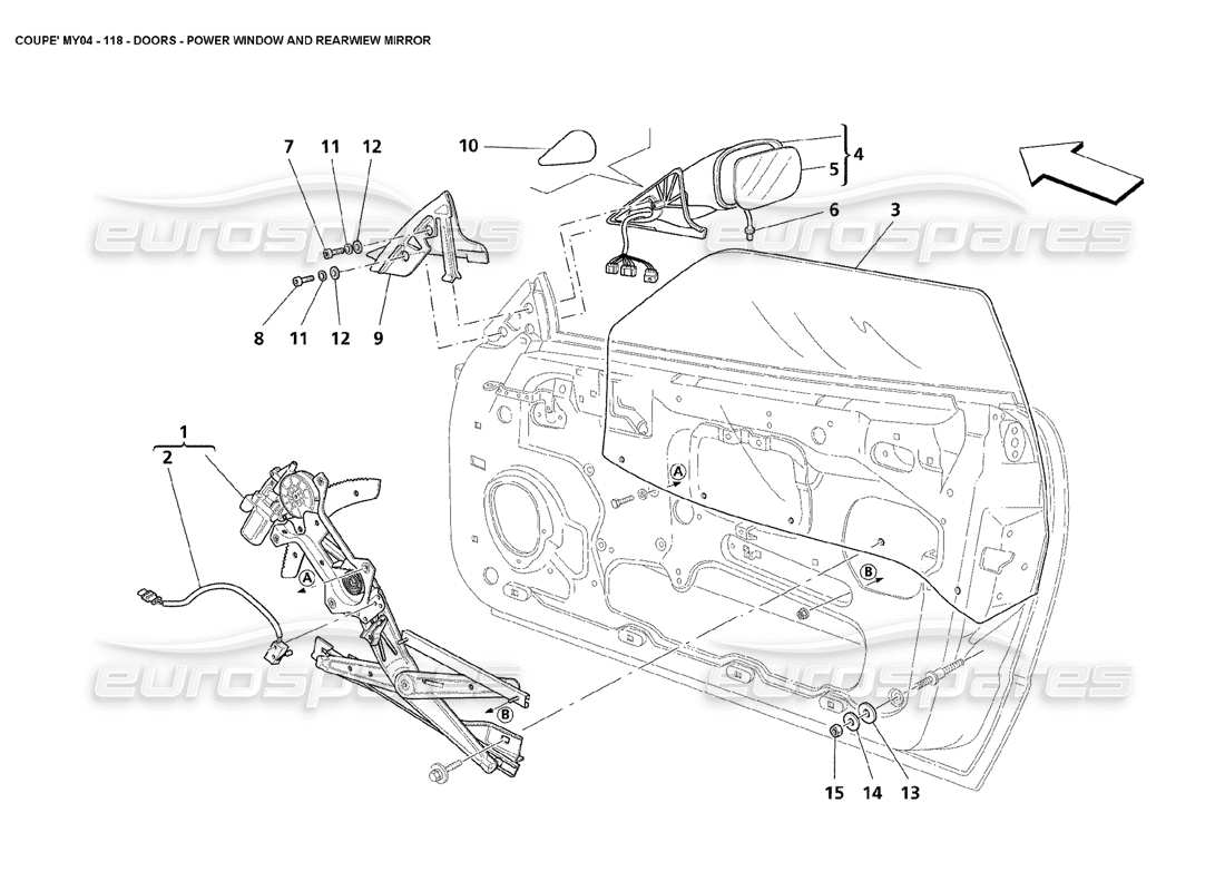 maserati 4200 coupe (2004) türen, elektrische fensterheber und rückspiegel teilediagramm