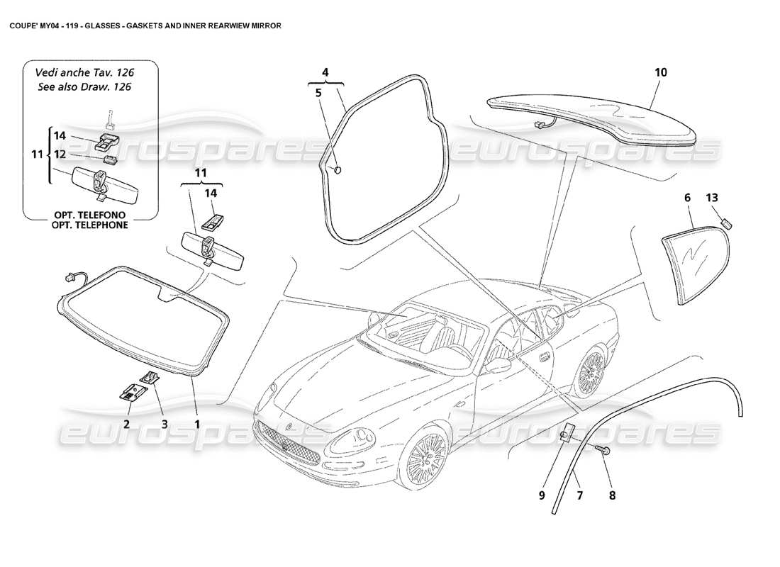 maserati 4200 coupe (2004) teilediagramm für glasdichtungen und inneren rückspiegel