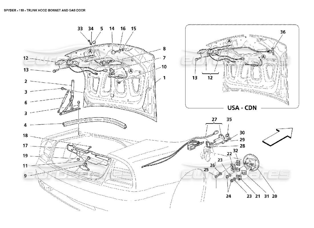maserati 4200 spyder (2002) teilediagramm für kofferraumhaube und tankklappe