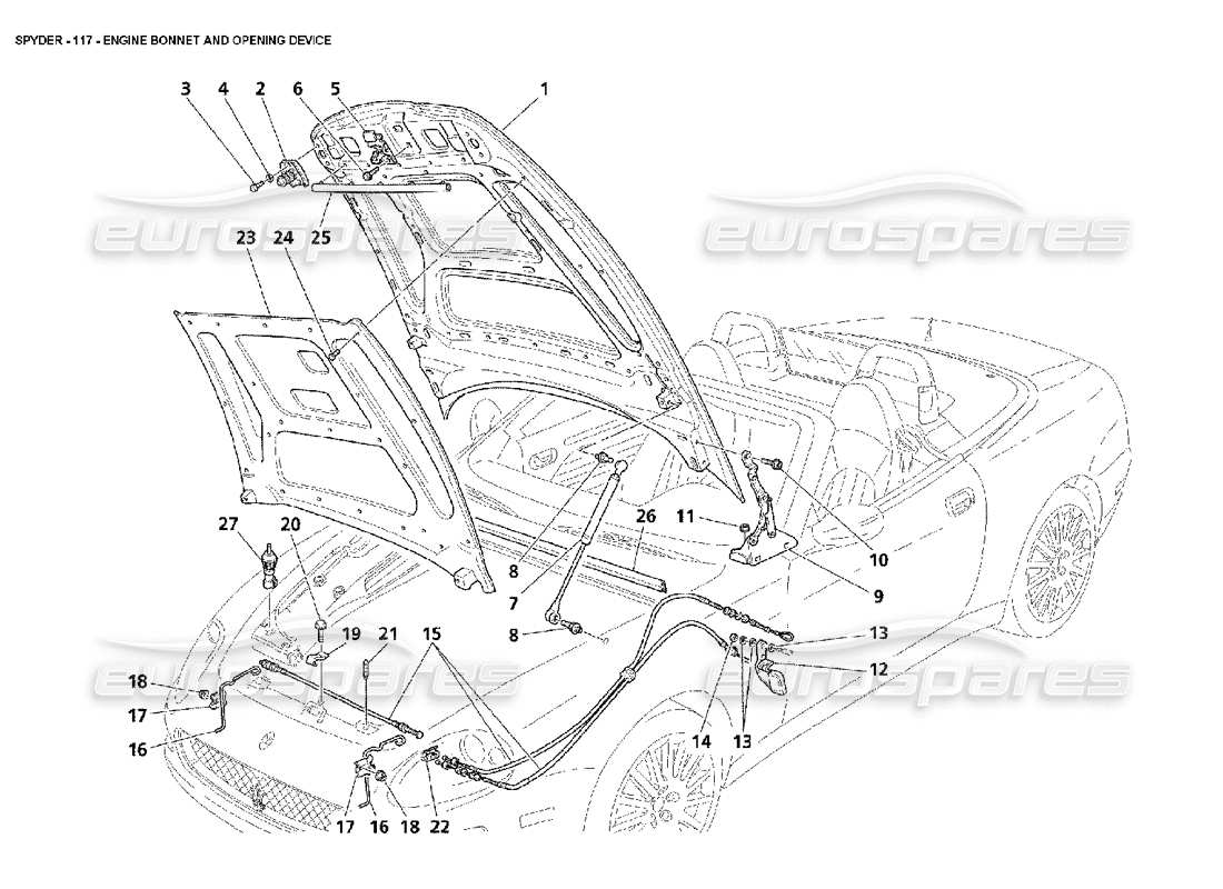 maserati 4200 spyder (2002) motorhaube und öffnungsvorrichtung teilediagramm