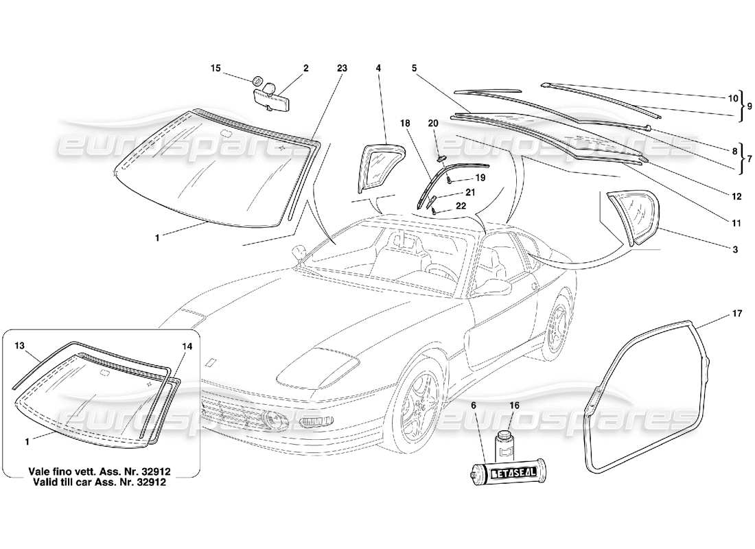 ferrari 456 m gt/m gta teilediagramm für gläser und dichtungen