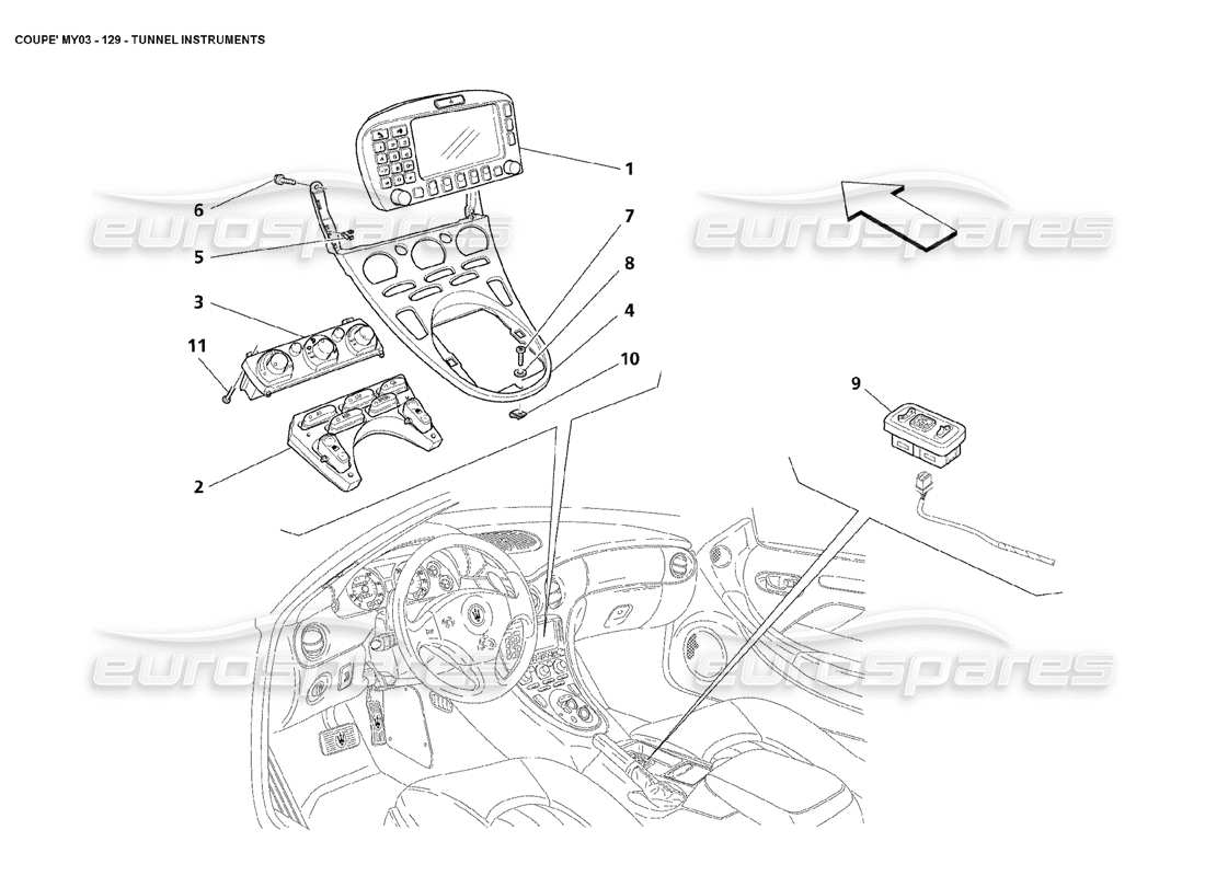 maserati 4200 coupe (2003) teilediagramm für tunnelinstrumente