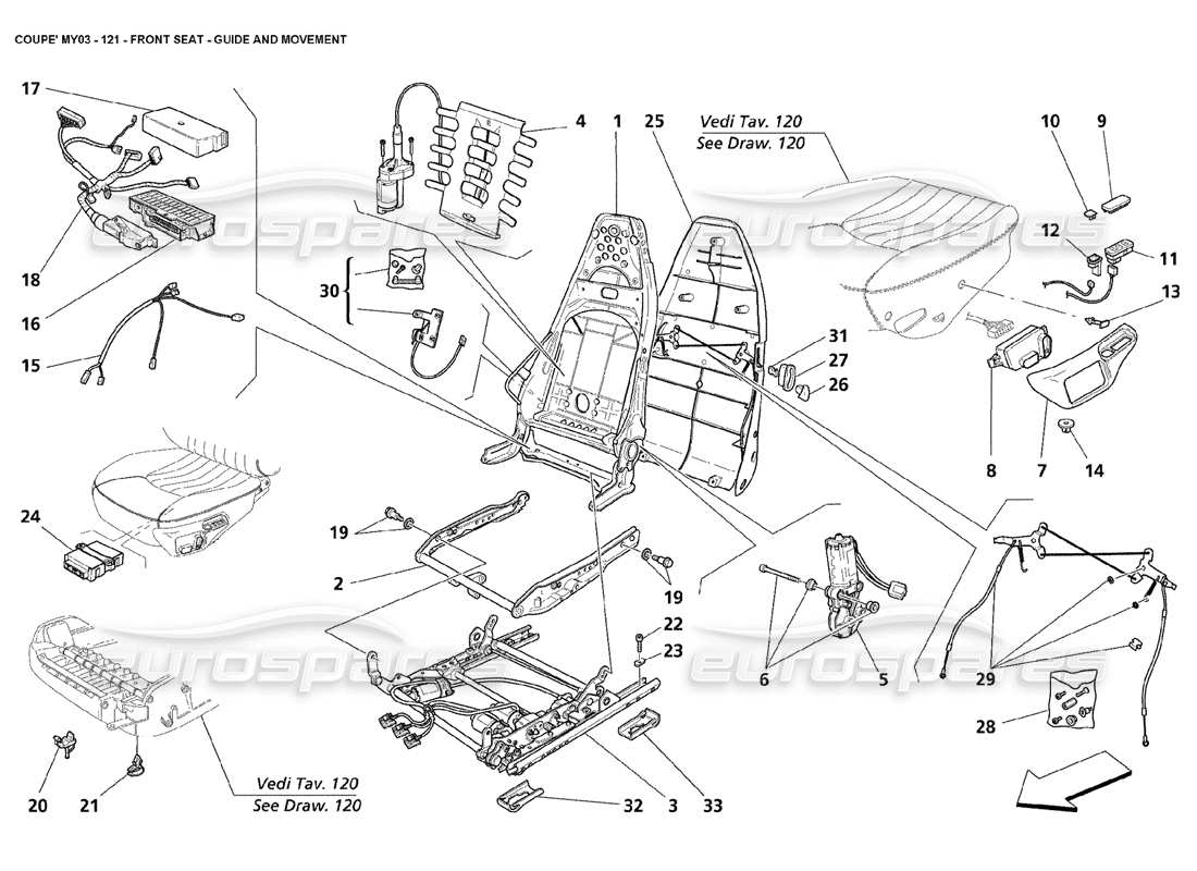 maserati 4200 coupe (2003) vordersitz - teilediagramm für führung und bewegung