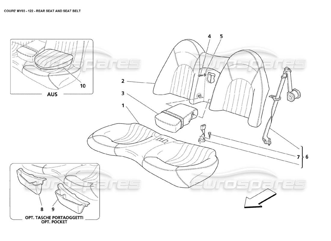 maserati 4200 coupe (2003) teilediagramm für rücksitz und sicherheitsgurt