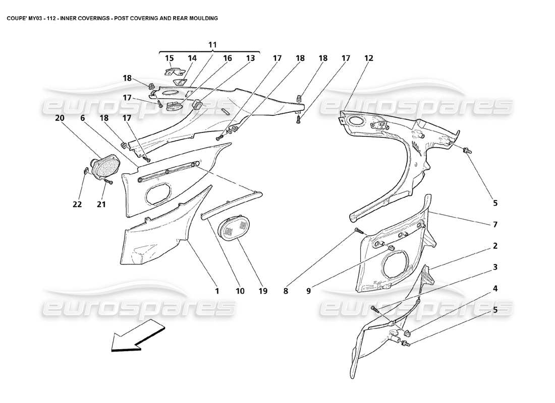 maserati 4200 coupe (2003) innenverkleidungen - teilediagramm für pfostenverkleidung und heckleiste