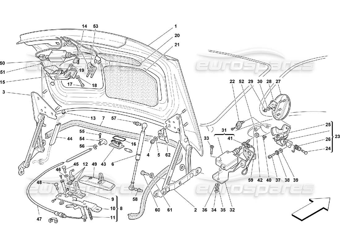 ferrari 550 maranello teilediagramm für kofferraumklappe und tankdeckel