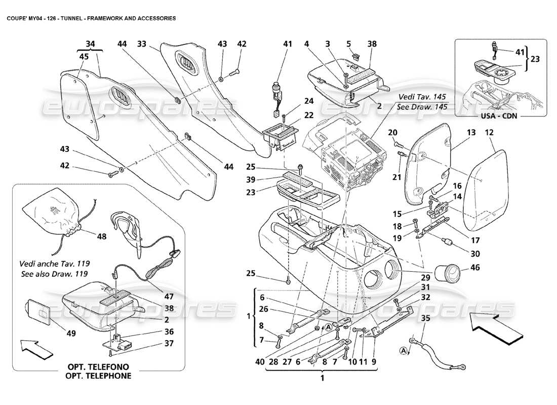 maserati 4200 coupe (2004) teilediagramm für tunnelrahmen und zubehör
