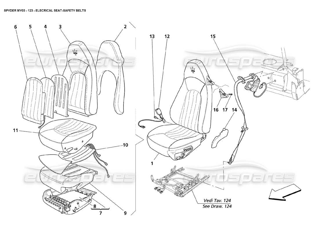 maserati 4200 spyder (2003) elektrischer sitz - teilediagramm für sicherheitsgurt
