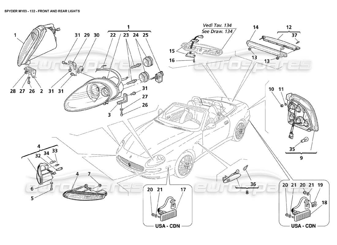 maserati 4200 spyder (2003) vorder- und rücklichter teilediagramm