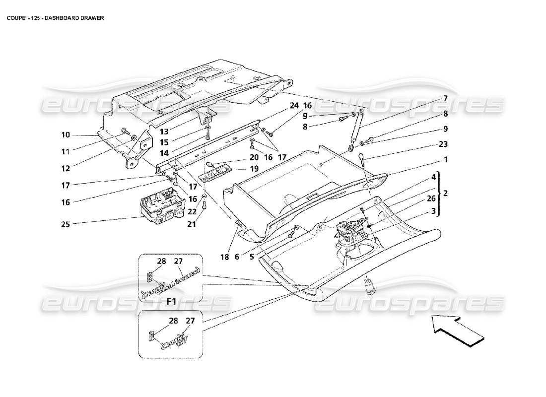 maserati 4200 coupe (2002) teilediagramm für die armaturenbrettschublade