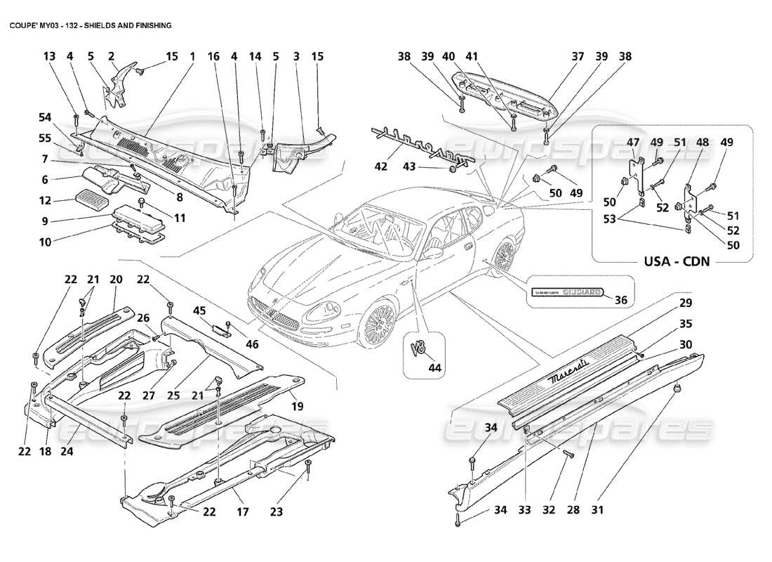 maserati 4200 coupe (2003) schilder und abschlussteildiagramm