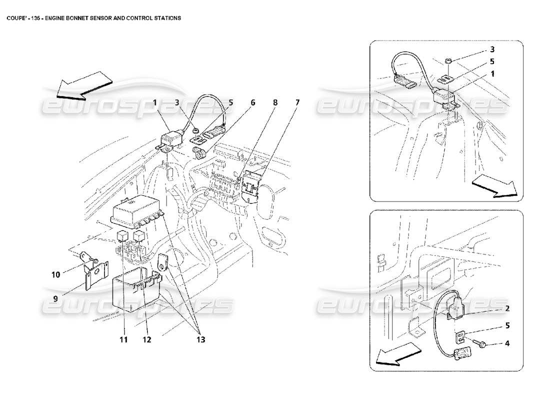 maserati 4200 coupe (2002) teilediagramm für motorhaubensensoren und steuerstationen