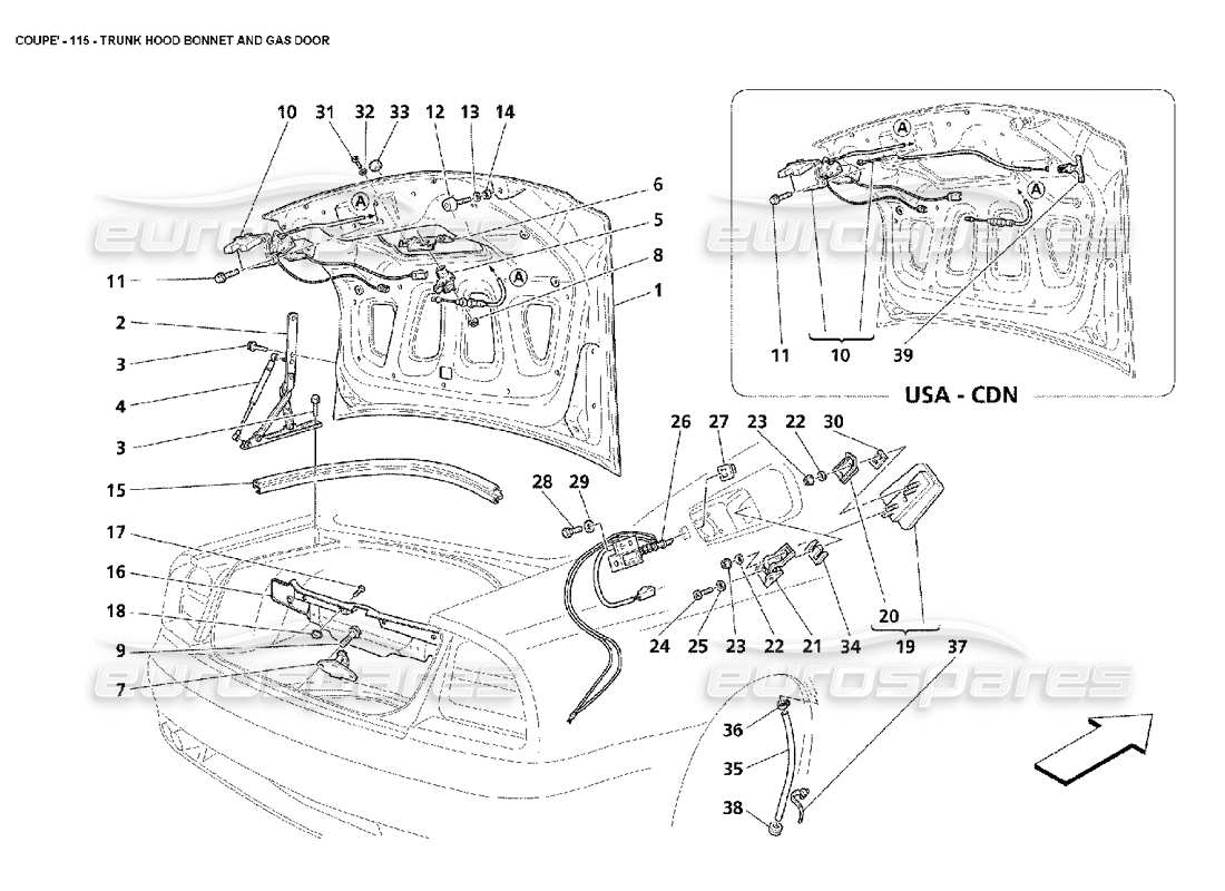 maserati 4200 coupe (2002) teilediagramm für kofferraumhaube und tankklappe