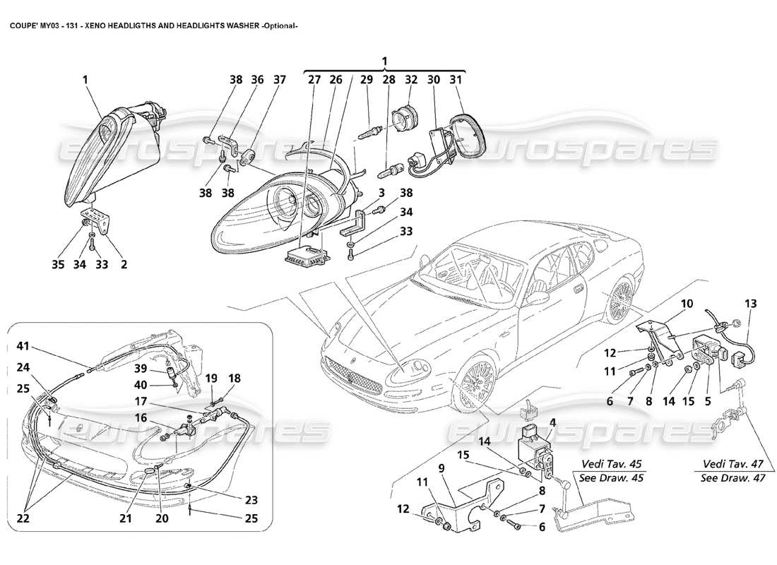 maserati 4200 coupe (2003) xeno-scheinwerfer und scheibe - diagramm optionaler teile