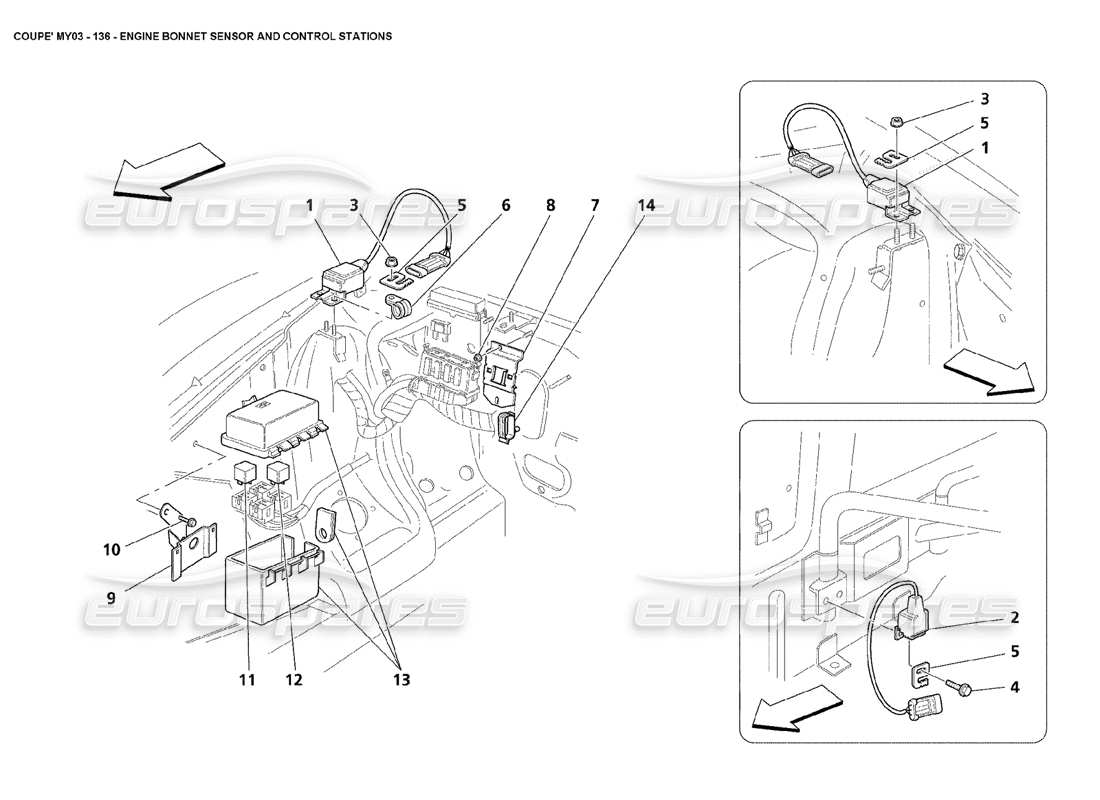 maserati 4200 coupe (2003) teilediagramm für motorhaubensensoren und steuerstationen