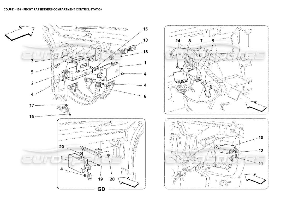 maserati 4200 coupe (2002) teilediagramm der steuerstation im vorderen fahrgastraum