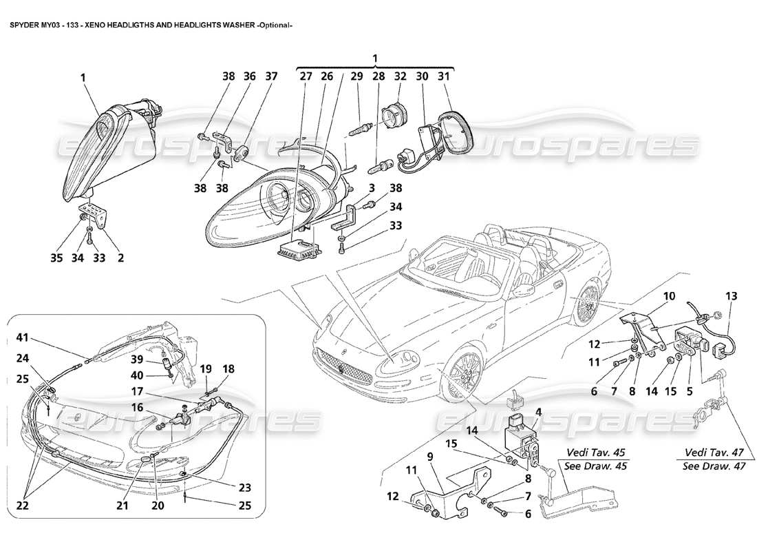 maserati 4200 spyder (2003) xeno-scheinwerfer und scheinwerferwaschanlagen - diagramm optionaler teile