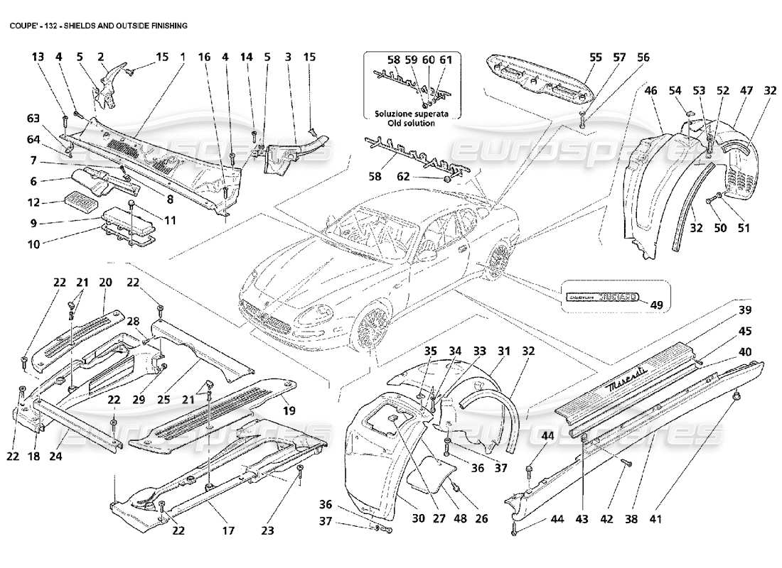 maserati 4200 coupe (2002) teilediagramm für schilder und außenverkleidung