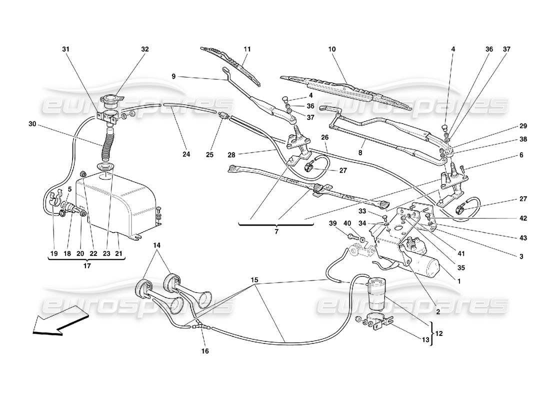 ferrari 456 m gt/m gta teilediagramm für scheibenwischer, scheibe und hupen