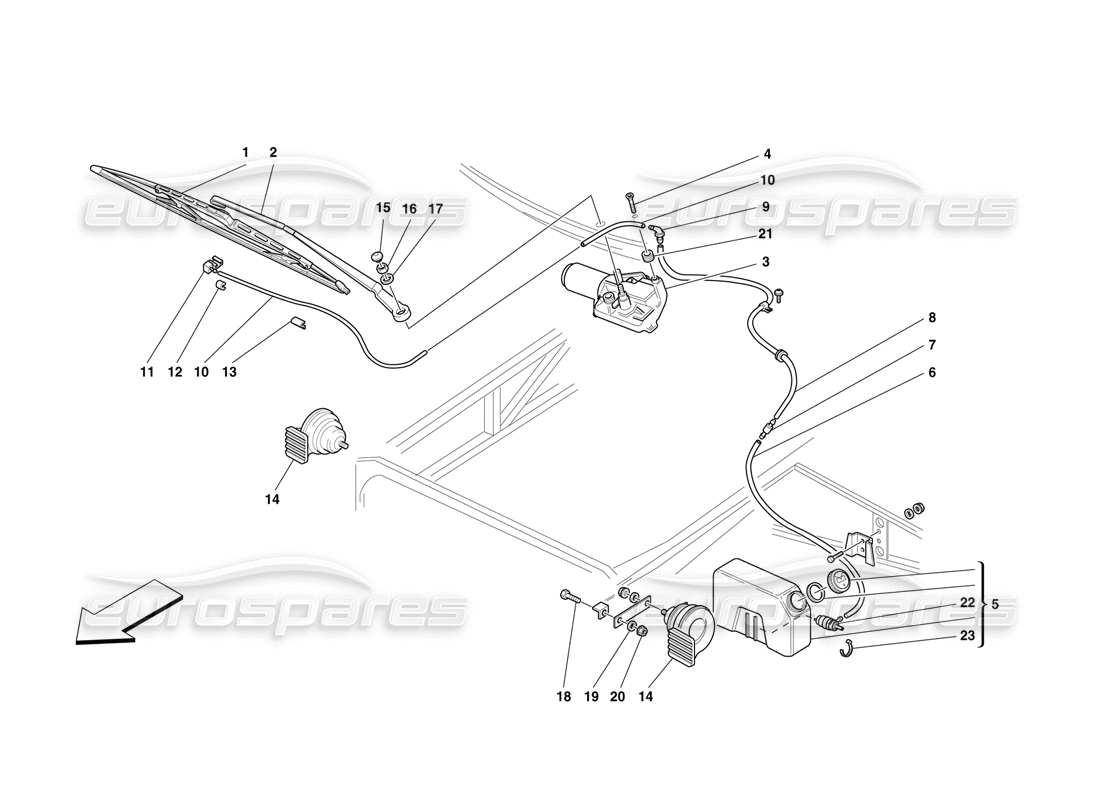 ferrari f50 scheibenwischer, scheibenwischerbehälter und hupen teilediagramm