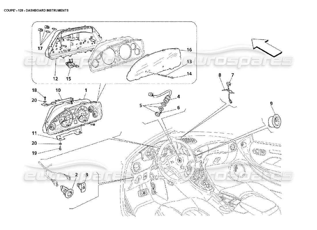 maserati 4200 coupe (2002) teilediagramm für armaturenbrettinstrumente