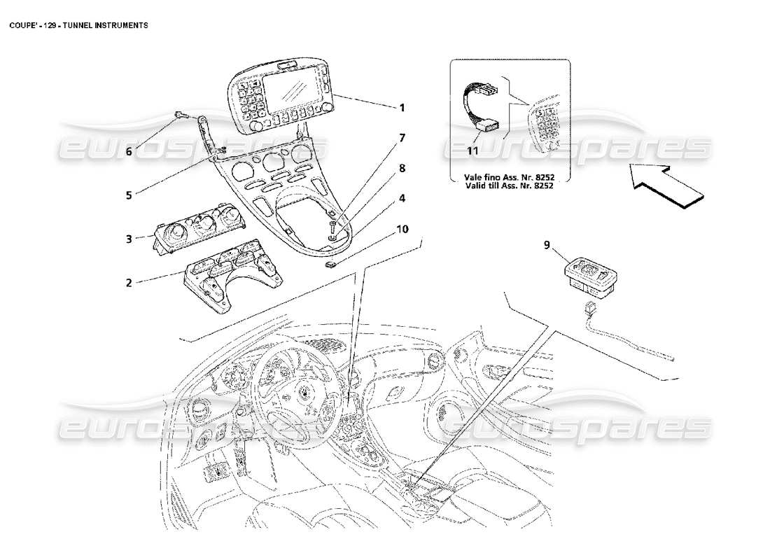 maserati 4200 coupe (2002) teilediagramm für tunnelinstrumente