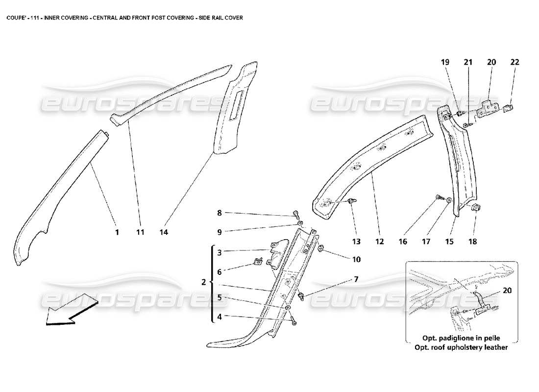 maserati 4200 coupe (2002) innenverkleidung - mittel- und vorderpfostenverkleidung - teilediagramm für seitenschienenverkleidung