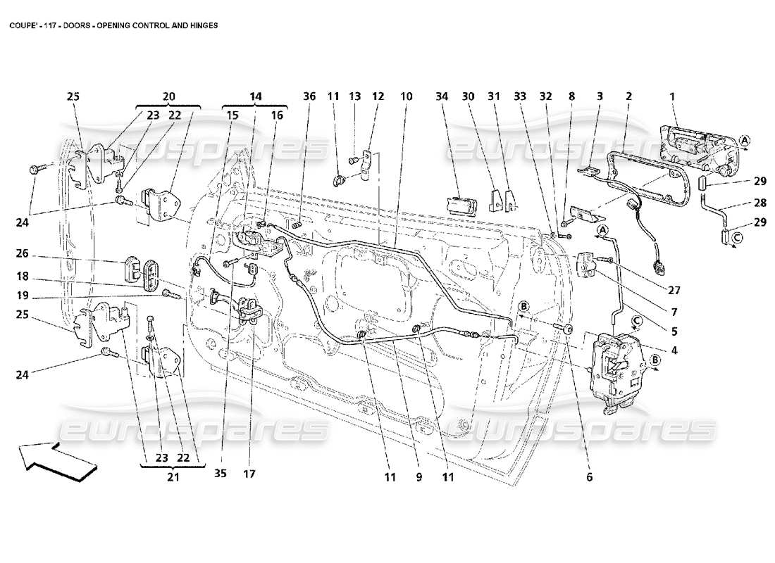 maserati 4200 coupe (2002) türen - teilediagramm für öffnungssteuerung und scharniere