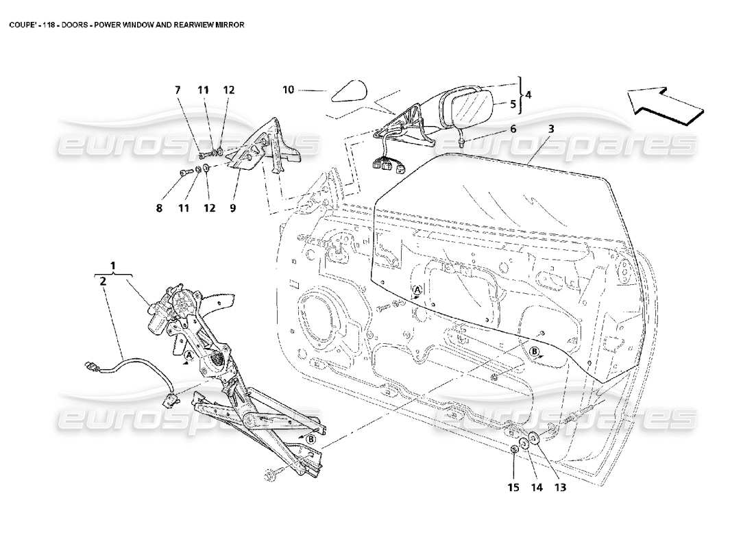 maserati 4200 coupe (2002) türen – elektrische fensterheber und rückspiegel teilediagramm