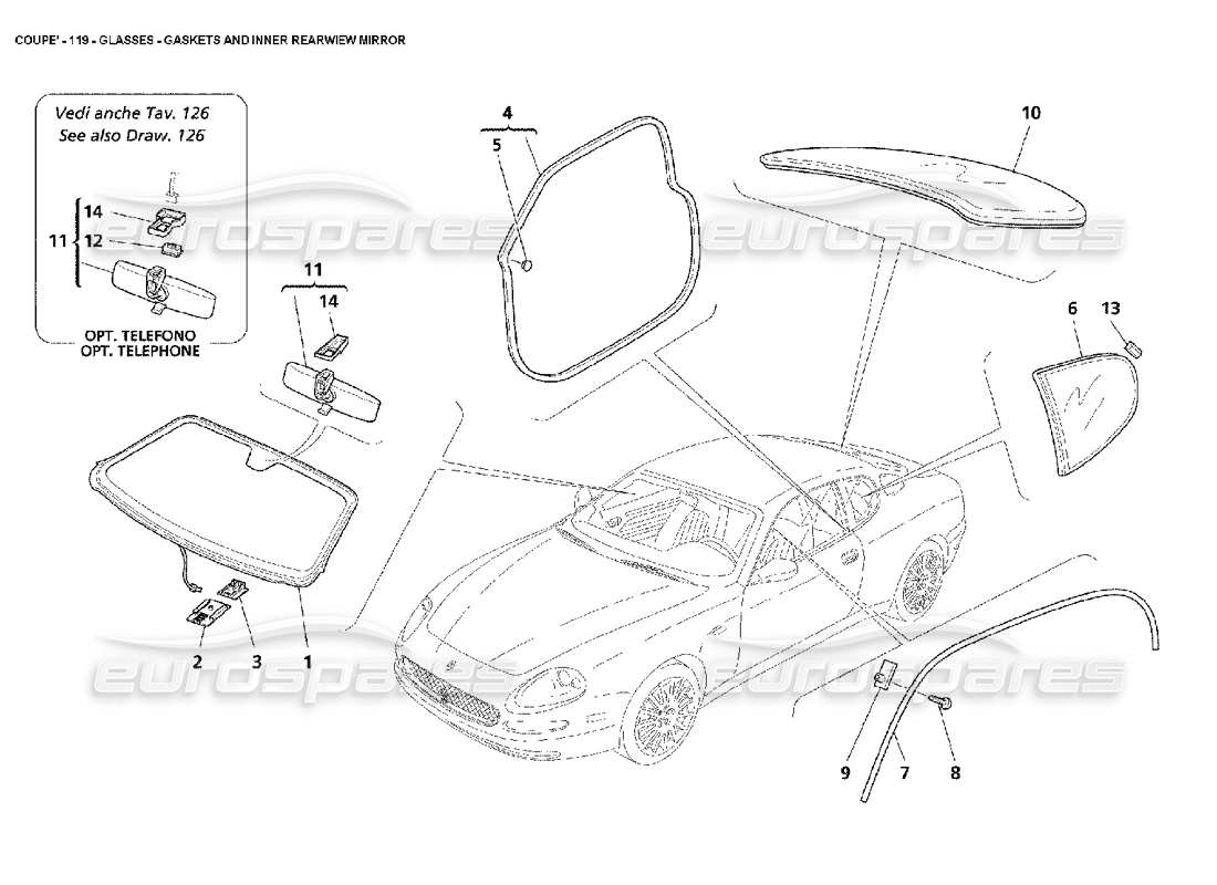 maserati 4200 coupe (2002) gläser - dichtungen und innerer rückspiegel - teilediagramm