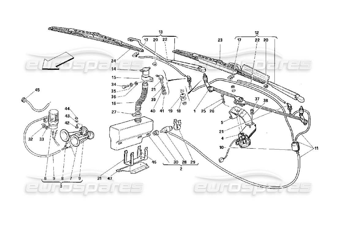 ferrari 512 m teilediagramm für scheibenwischer, scheibe und hupen