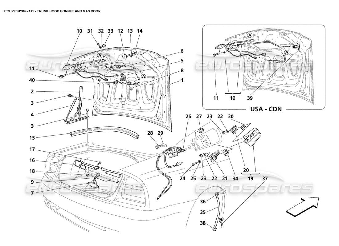 maserati 4200 coupe (2004) kofferraumhaube, motorhaube und gastür teilediagramm