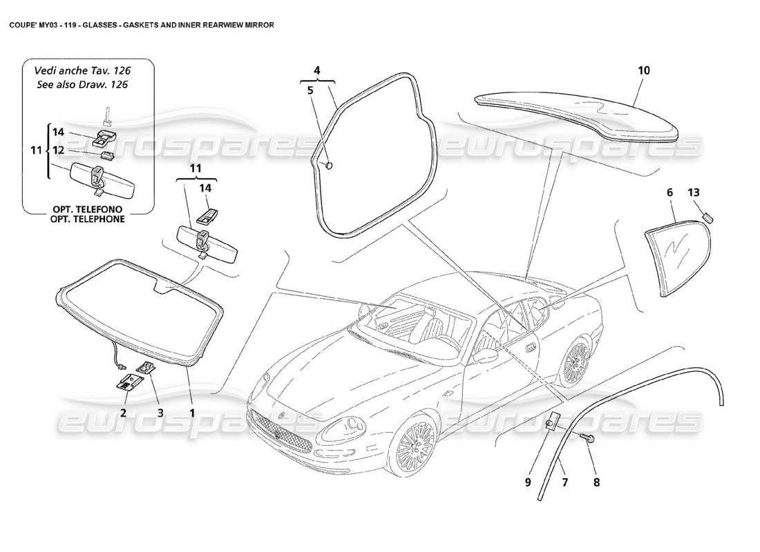 maserati 4200 coupe (2003) gläser – dichtungen und innerer rückspiegel teilediagramm