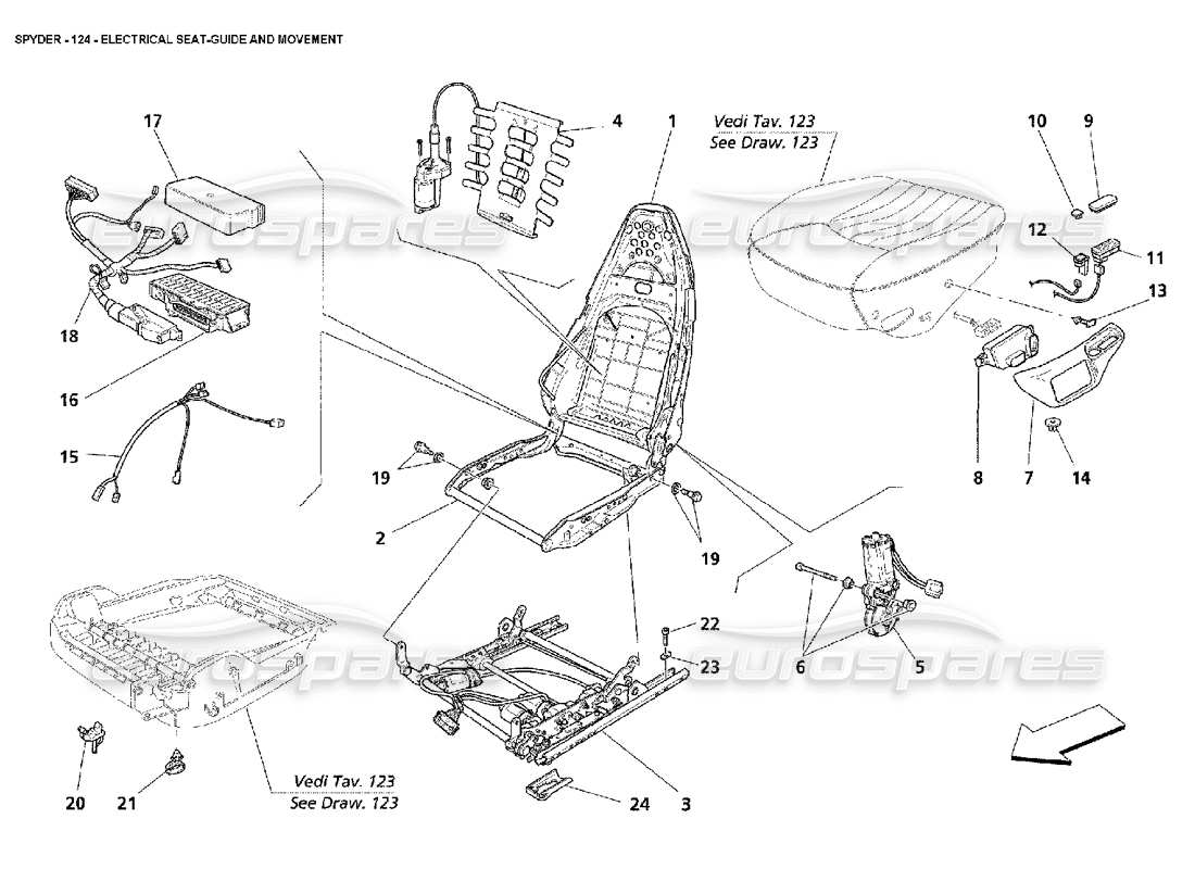 maserati 4200 spyder (2002) elektrische sitzführung und -bewegung teilediagramm