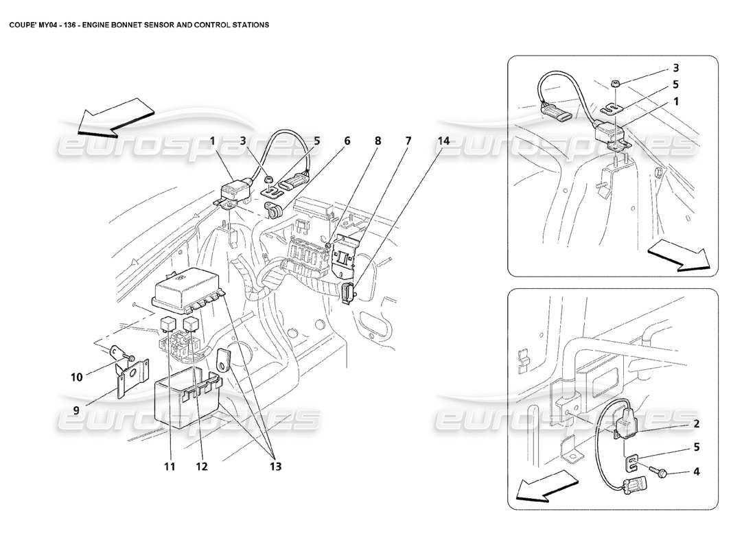 maserati 4200 coupe (2004) teilediagramm für motorhaubensensoren und steuerstationen