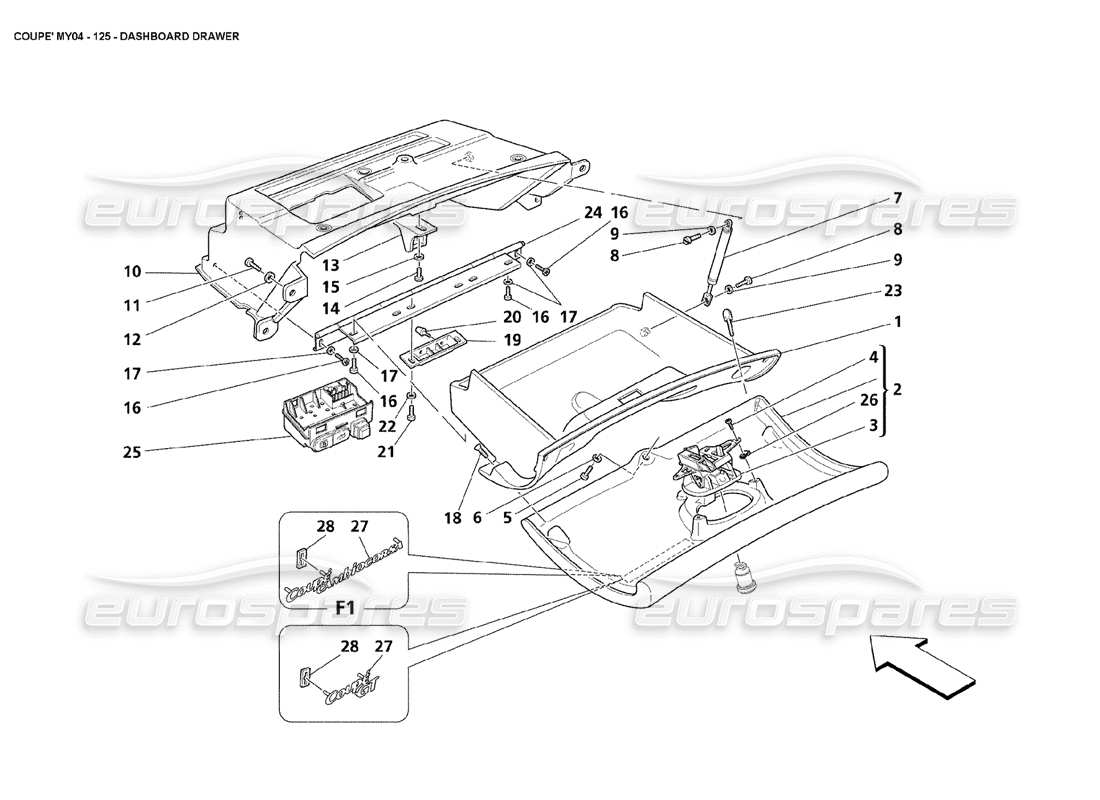 maserati 4200 coupe (2004) teilediagramm für die armaturenbrettschublade