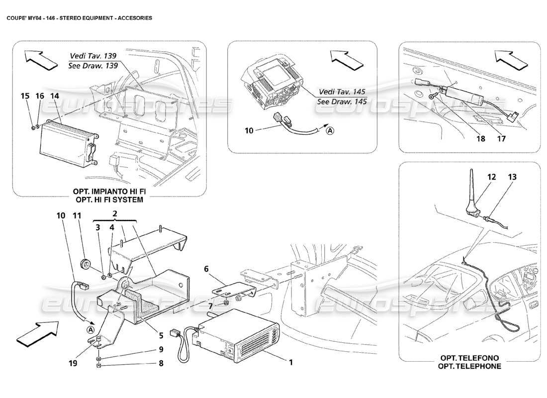 maserati 4200 coupe (2004) teilediagramm für stereoanlagenzubehör