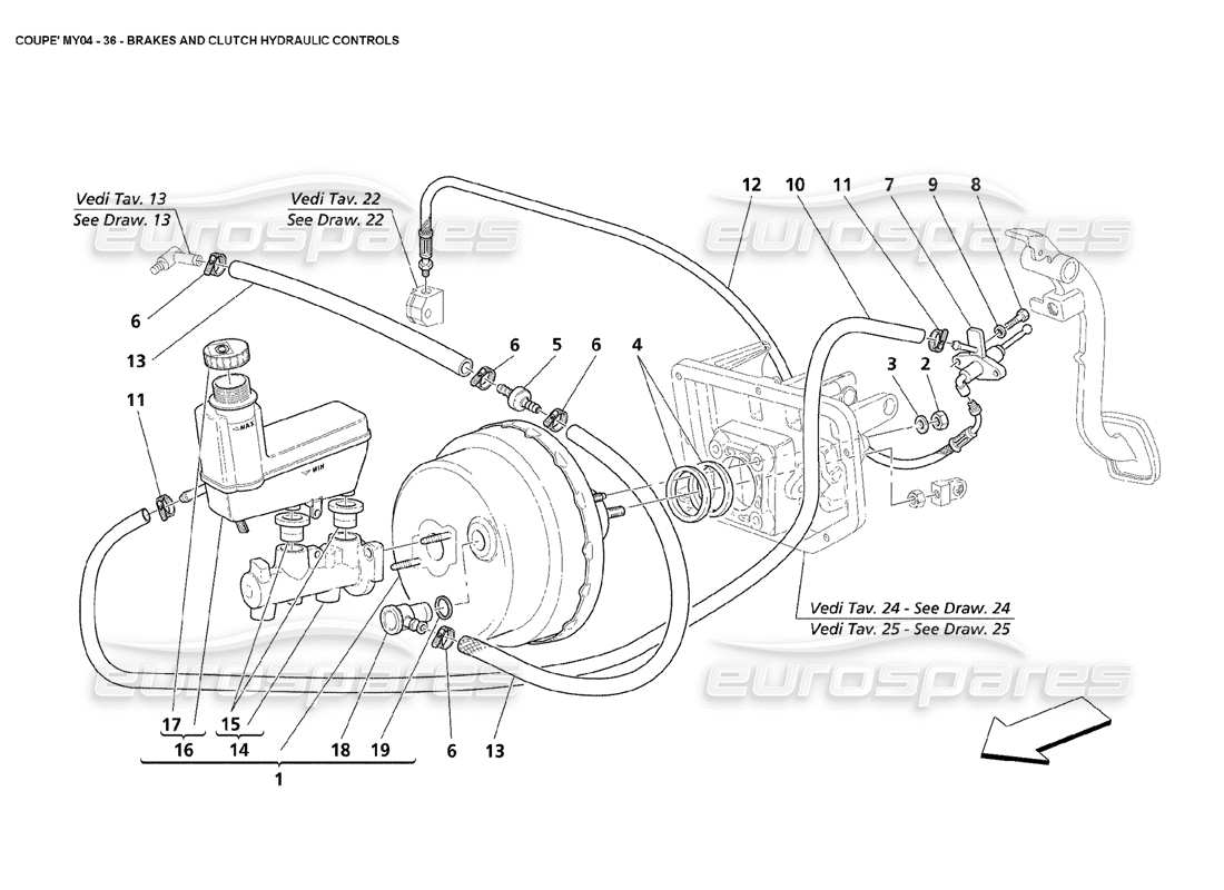 maserati 4200 coupe (2004) teilediagramm für die hydraulischen brems- und kupplungssteuerungen